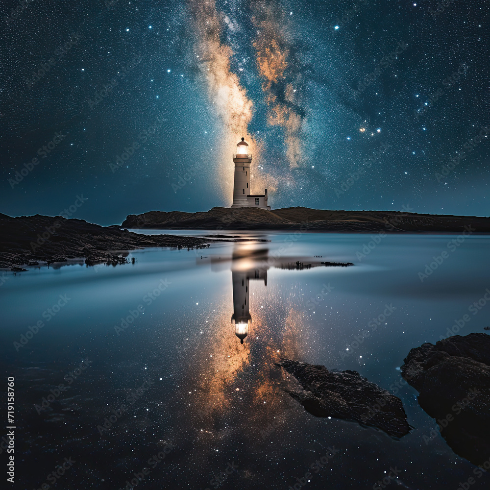majestic lighthouse, on the coast shore, rocks, beach  starry sky, with the Milky Way's reflected in the ocean
