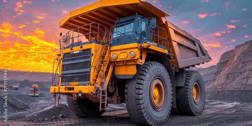Mining dump truck machine on a dirt terrain Mining dump truck machine on a dirt terrain