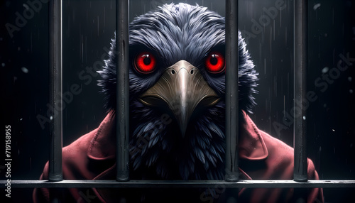 Hyper-Realistic Photograph of a Birdman Behind Bars with Red Eye photo