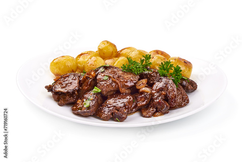 Fried Chicken Livers with baked potatoes, Traditional French cuisine, close-up, isolated on white background.