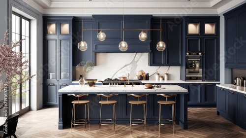 Elegant Navy Blue Kitchen with Brass Accents photo