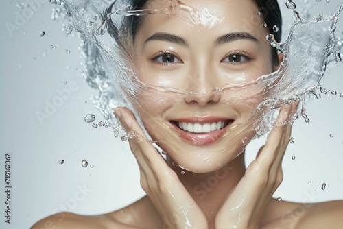 水しぶきと日本人女性のスキンケアイメージ（化粧水・洗顔・美肌・スキンケアモデル）