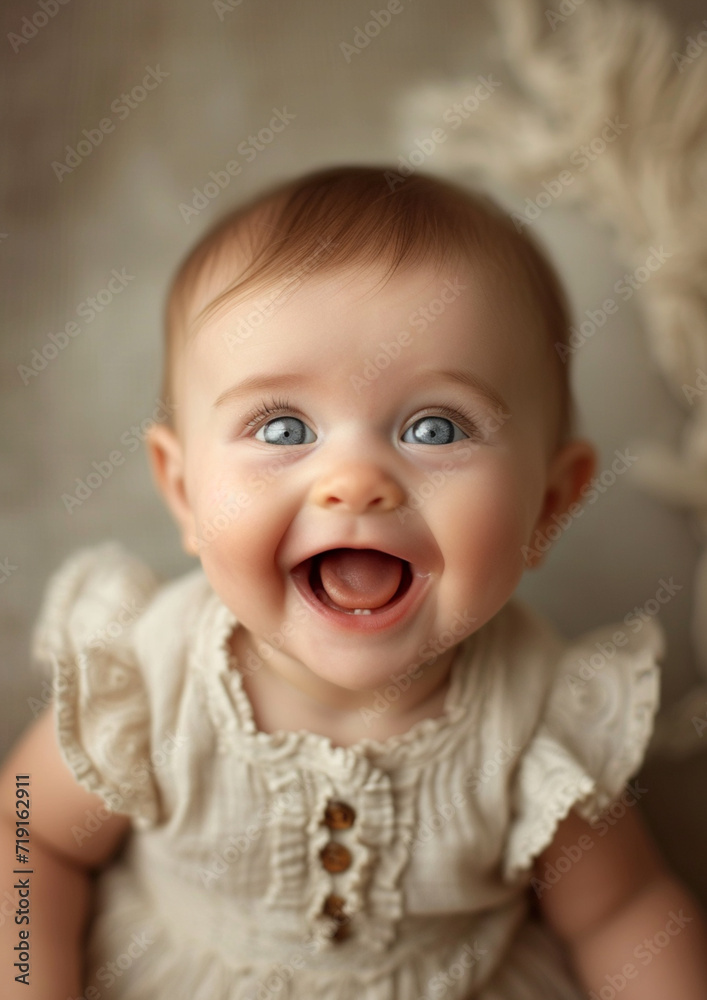 A baby with a playful and giggly expression, capturing the joy of infancy. 