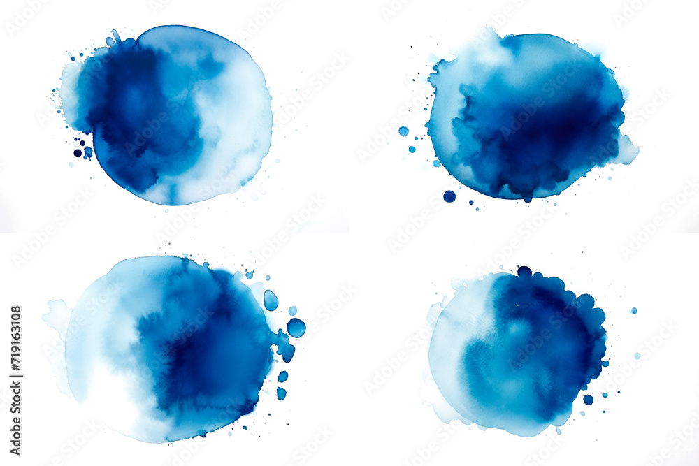 set of abstract blue saphire navy color watercolor splashes isolated - obrazy, fototapety, plakaty 