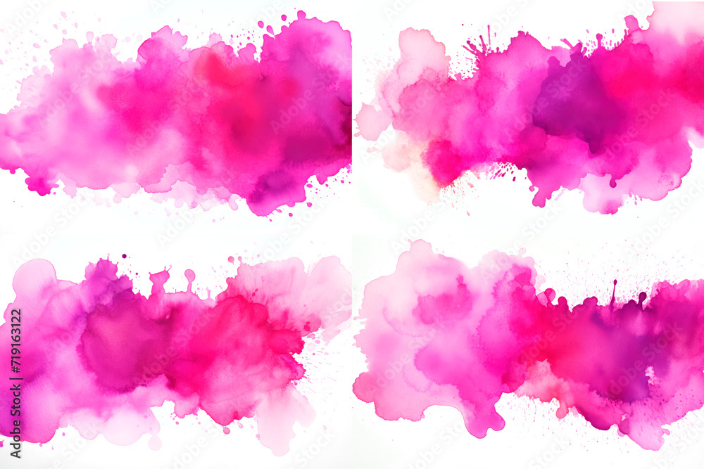 set of abstract watercolor pink splashes isolated