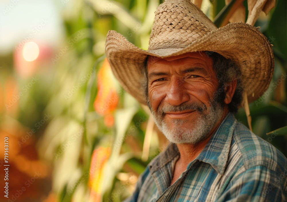 A farmer with a content and satisfied expression, representing pride in agricultural work. 