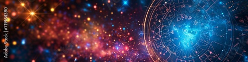 Zodiac signs inside of horoscope circle. Astrology in sky with many stars horoscopes concept.