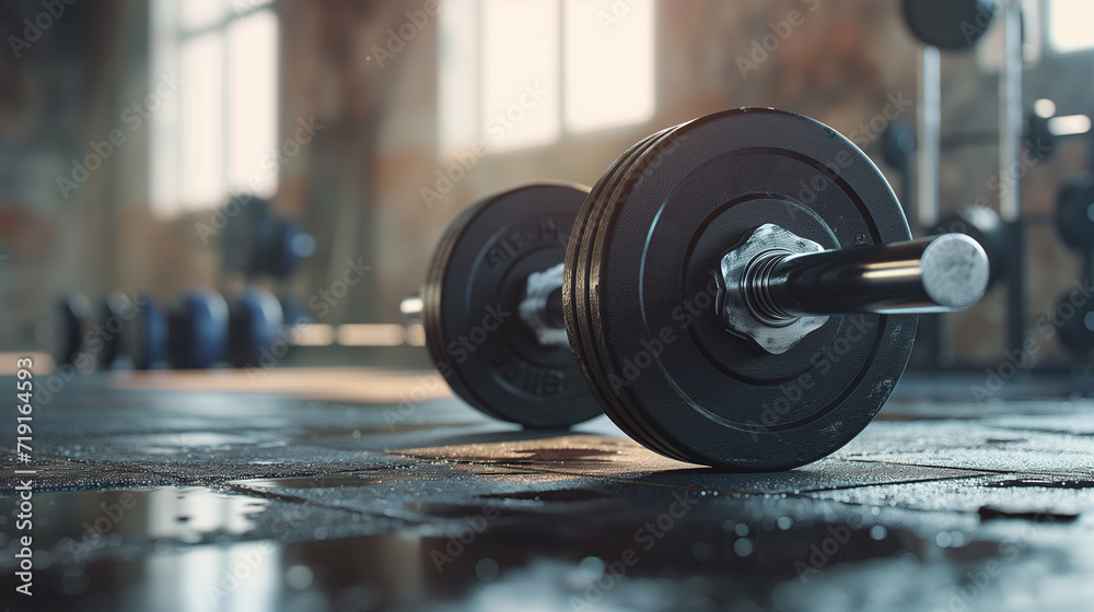 A close-up of a barbell loaded with weights resting on the wet floor of a gym. 