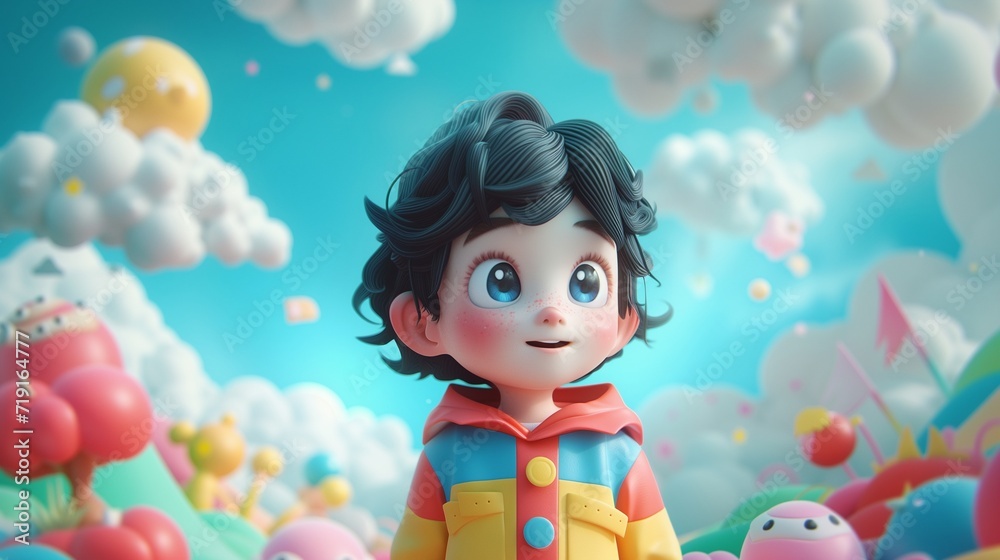 A little funny boy stands against the sky, cartoon style. A little funny boy stands against the sky, cartoon style.