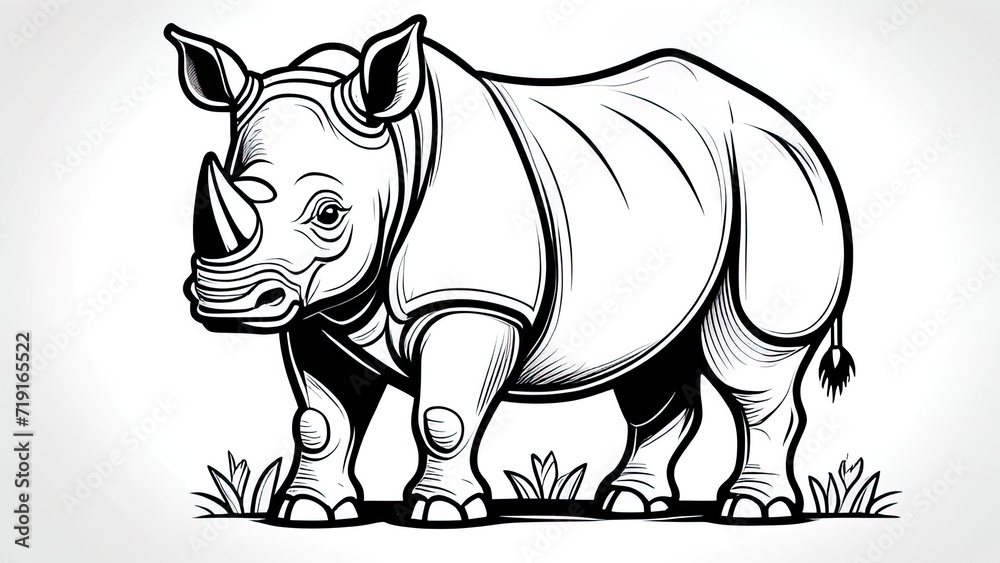 Fototapeta premium Funny rhinoceros coloring page. rhinoceros cartoon characters. For kids coloring book.
