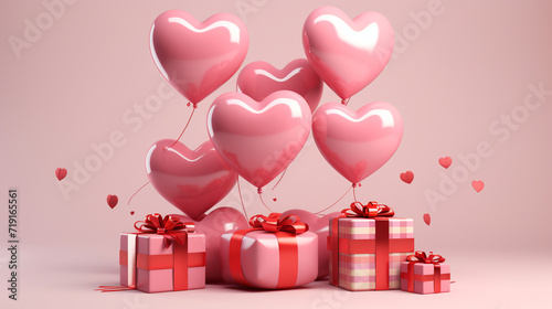 Pink color red heart shaped helium ballons with gift boxes. Floating hearts with background. Gift boxes decorated by red ribbons. Realistic heart balloons with valentine's day festive background.