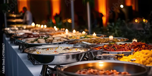 People group catering buffet food indoor in restaurant with meat colorful fruits and vegetables.  