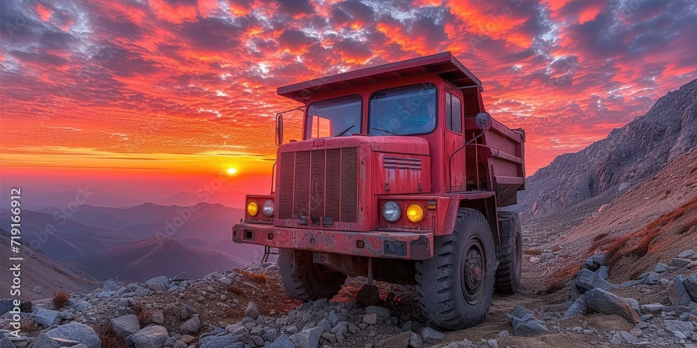 Mining dump truck machine on a dirt terrain Mining dump truck machine on a dirt terrain