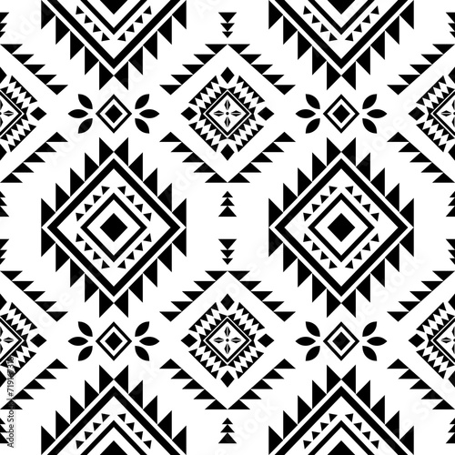 Ethnic southwest tribal navajo ornamental seamless pattern fabric black and white design for textile printing  photo