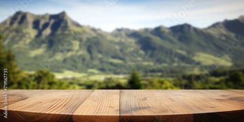 The empty wooden brown table top with blur background of New Zealand nature. Exuberant image. generative AI