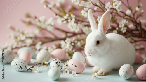 Easter festival social media background design with copy-space for text. Cute white rabbit is sitting at the right side of the picture with pastel easter eggs on pink background.