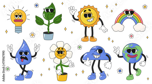 Set of various eco characters in groovy retro style. Earth Day ellements in trendy cartoon style. Funny vector mascot of planet Earth, flower, sun, cloud, drop of water, rainbow, leaf, light bulb.