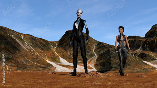 Fotografia Illustration of a human woman and an alien female walking and standing on an alien landscape
