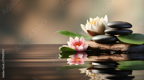 Zen stones on a background of water and bamboo and lotus flowers, Balance and relaxation background, natural alternative treatment, AI generated