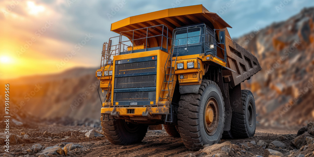 Mining dump truck machine on a dirt terrain Mining dump truck machine on a dirt terrain
