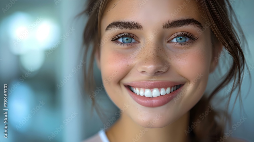 Radiant young woman smiling with bright blue eyes. fresh, vibrant portrait of female beauty. AI