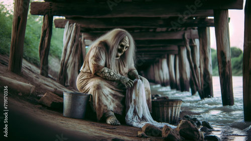 mamuna also known as dziwozona, a demon figure is polish folklore that could be found washing clothes in the river, under a bridge photo