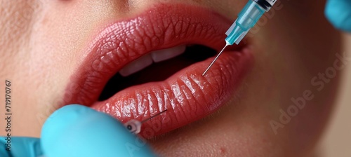 Skilled doctor giving lip injection, allowing for text placement in aesthetic medicine concept. photo