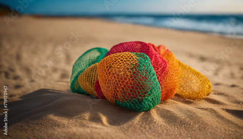 Colorful fishnet on sand photo