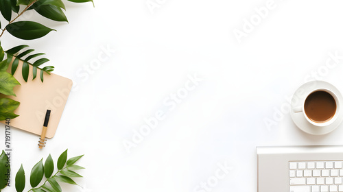 White Workspace Aesthetic Laptop Coffee and Lush Green Plants, Laptop and coffee On Desk Top View,AI generated photo