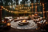 A rustic backyard oasis with a stone fire pit, a bubbling hot tub, and string lights illuminating the trees, providing a cozy and magical space for relaxation and gatherings.