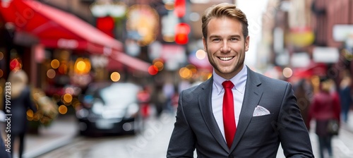 Confident and smiling young businessman walking in city center with copy space for text placement