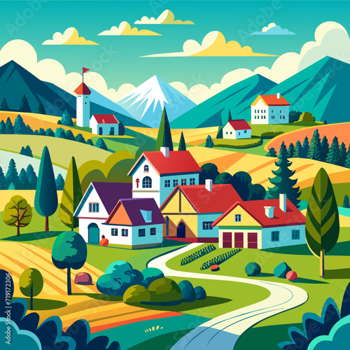 Landscape village in the mountains with agrarian green fields. The road to the houses leads to a courtyard of trees.
