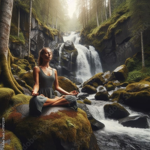 Woman doing yoga meditation in nature against the backdrop of a waterfall