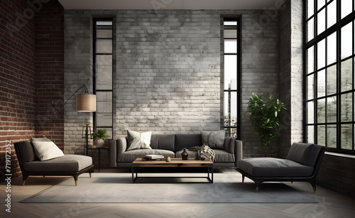  large windows and a sofa in an industrial living room 
