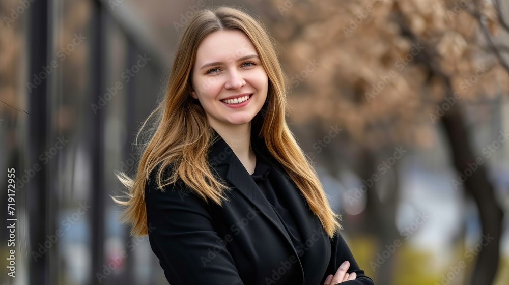 Smiling young businesswoman walking in city center with blurred background and copy space