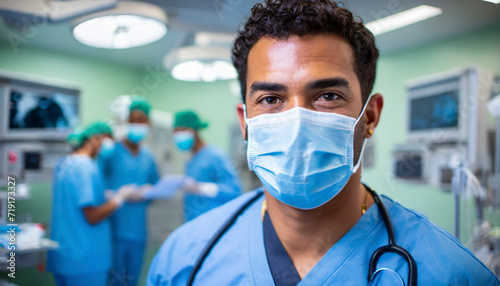 Portrait of surgeon standing in operating room at hospital with colleagues in background
