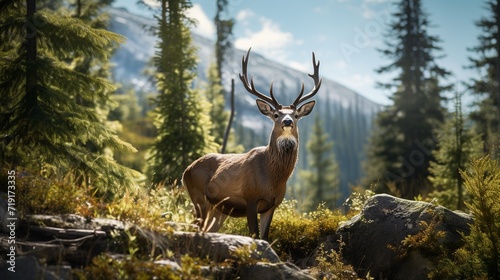 Sunlit red deer, cervus elaphus, stag with new antlers growing facing camera in summer nature.