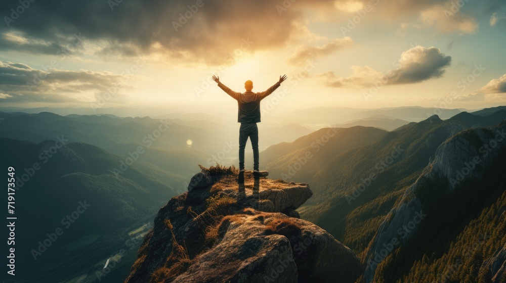 Freedom, Happiness, Success, Victory, person with arms up on the mountain at sunrise , AI generated photo, copy space for text