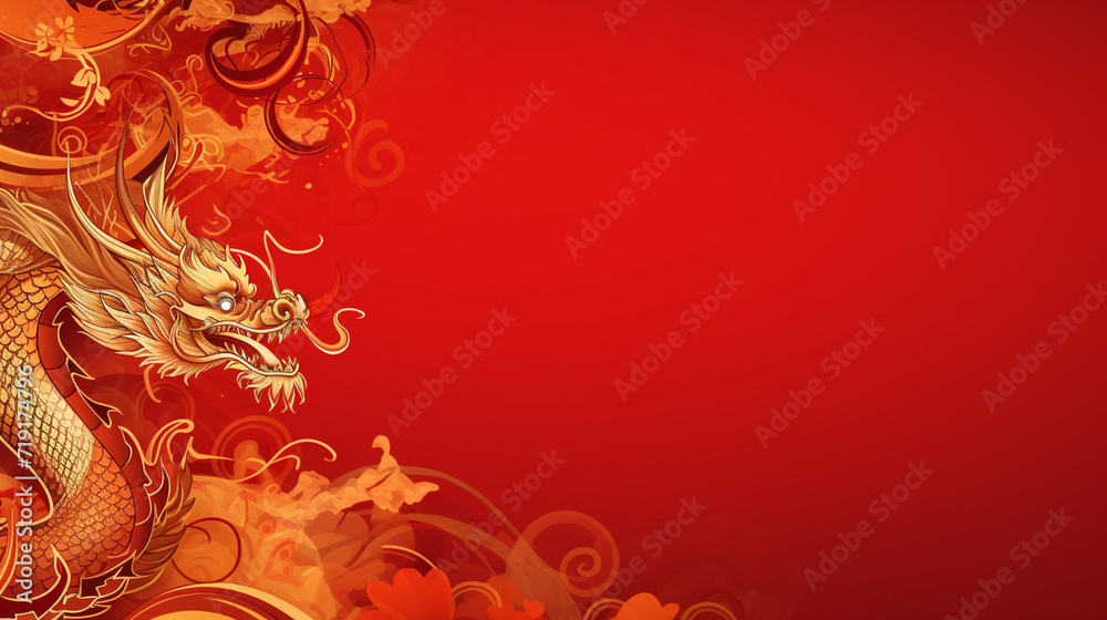 Vibrant red with a hint of gold during Chinese New Year. Template: Illustration of a dragon dance winding through the banner. Generative AI. Vibrant red with a hint of gold during Chinese New Year. Template: Illustration of a dragon dance winding through the banner. Generative AI.
