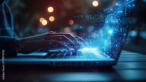 Person is using a laptop with a futuristic blue cyber network graphic overlay