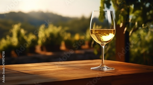 Elegant glass of white wine on blurres background with wine grapes in winery. Young wine. Generative AI © AngrySun