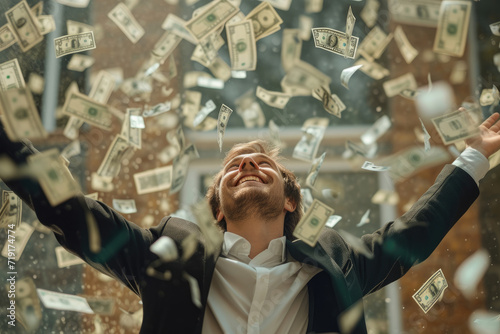 Happy successful man standing under money rain. A lot of dollar banknotes falling on smiling man. Success and wealth concept