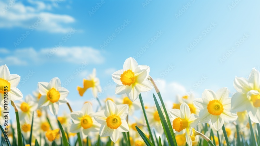 Fototapeta premium Spring floral background of Daffodils on a blue sky background with copy space. Beautiful mockup, text frame.