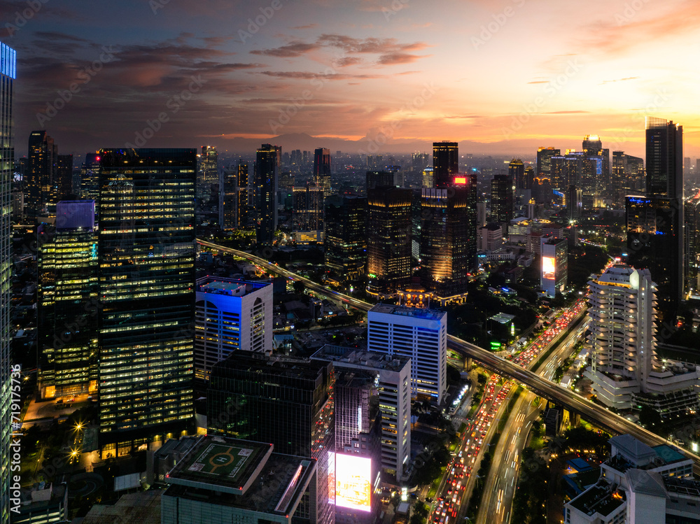 Panoramic view of jakarta City, Indonesia, with beautiful sunset. Jakarta is the largest city in indonesia that also the center of governance and business district. 