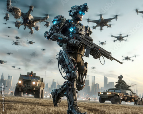 Cyborg, robot soldier with modern weapons
