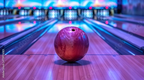 Bowling strike ball crashing into pins on alley line during sports competition or tournament.