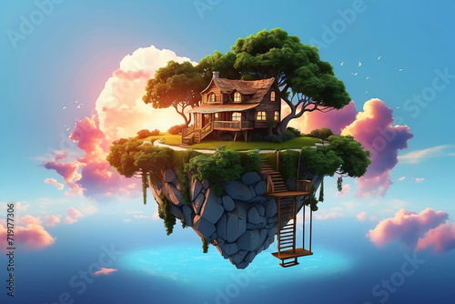 3d floating island and house,clouds