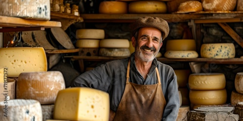 Smiling cheese maker in his shop surrounded by artisan cheeses. portrait of a joyful craftsmen in a rustic setting. AI photo