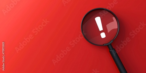 Attention-grabbing symbol. Magnifying glass highlighting Exclamation mark symbol on crimson backdrop with room for adding your text or logo. photo