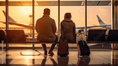 Tourist travel, Young couple sitting at departure hall to travel by international flight airplane alone at sunset, modern lifestyle , AI generated photo, copy space for text